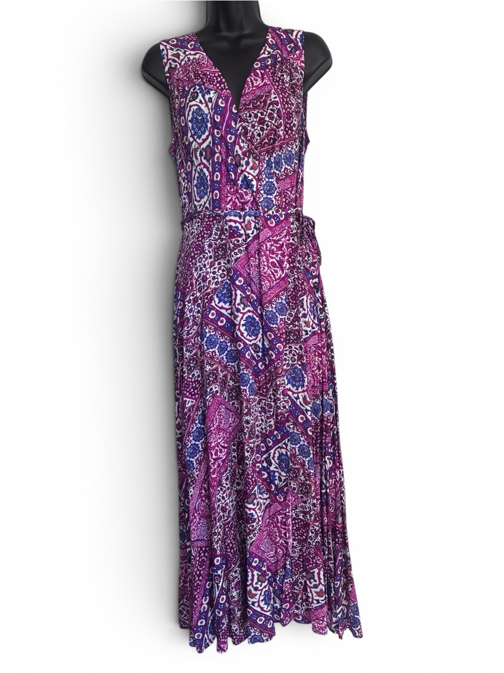 Calvin Klein Boho Patchwork Purple Blue Pink Paisley Faux Wrap Maxi Dress Sz 10